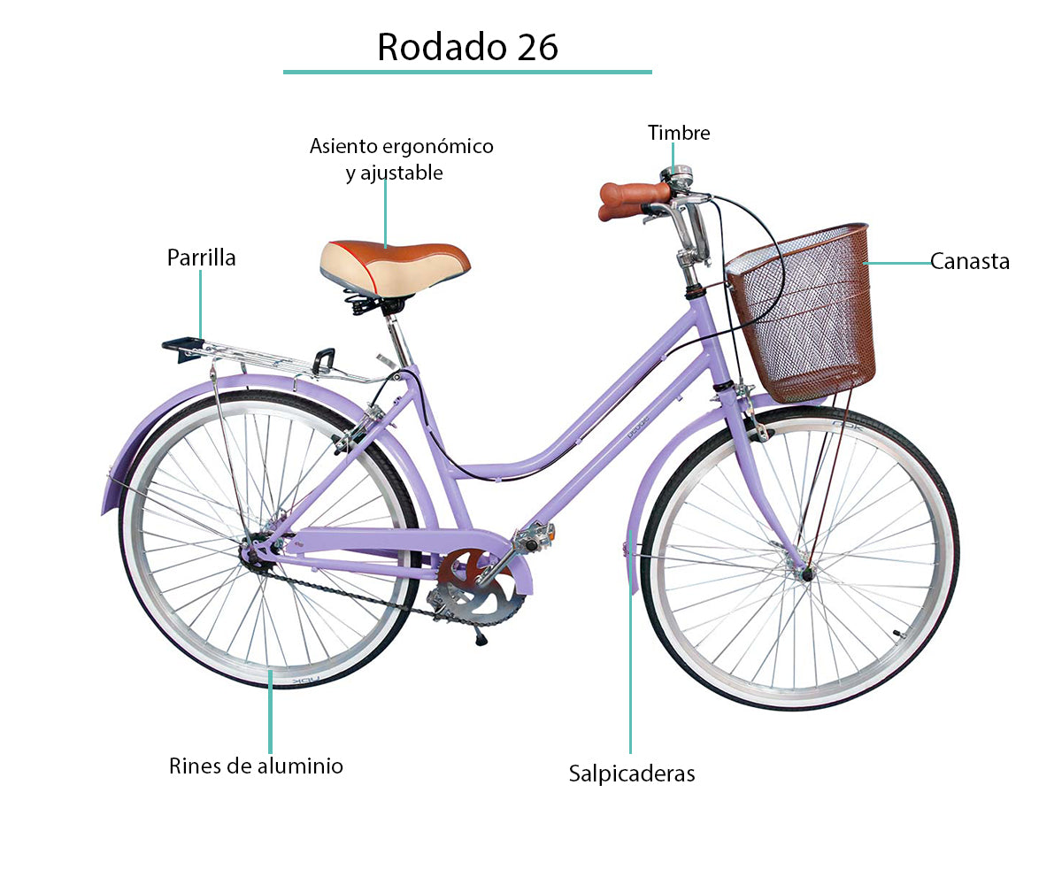 Bicicleta Rodado 26 Modelo Vintage Pedalé con Canasta para Mujer color lila