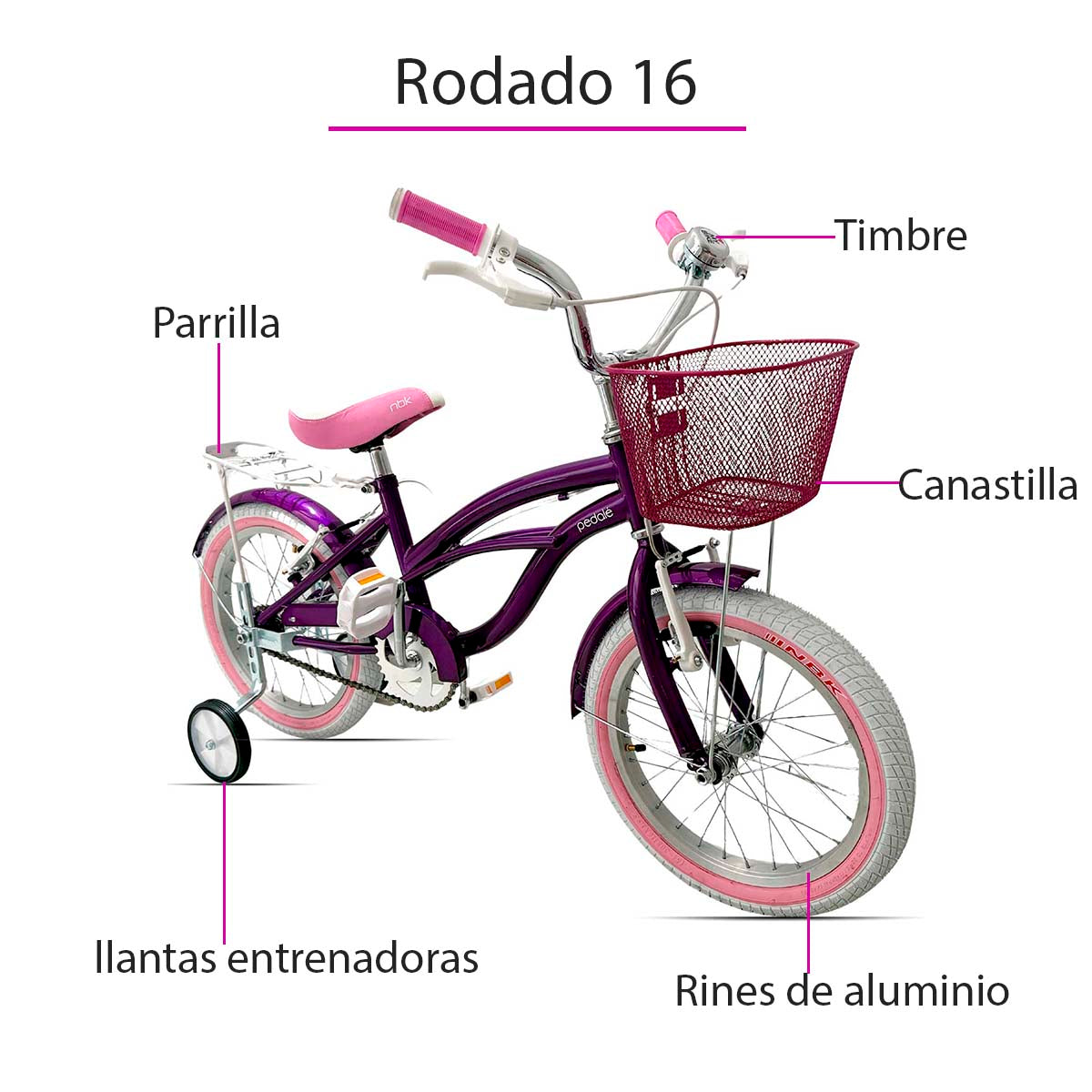 Bicicleta Niña Rodado 16 Infantil Clásica Pedalé Morada