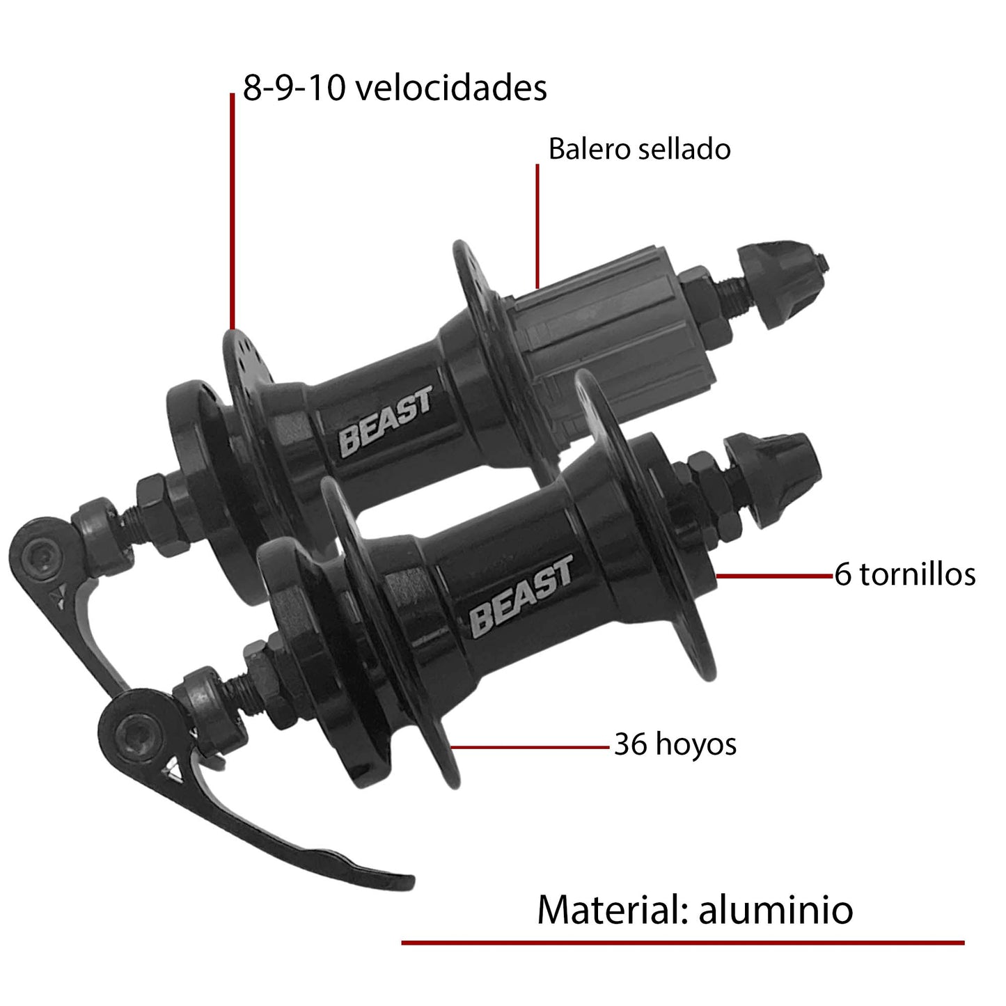 Juego de Mazas para Cassette Freno De Disco Beast Mtb Selladas 8/9/10 pasos 6 tornillos 32 Hoyos