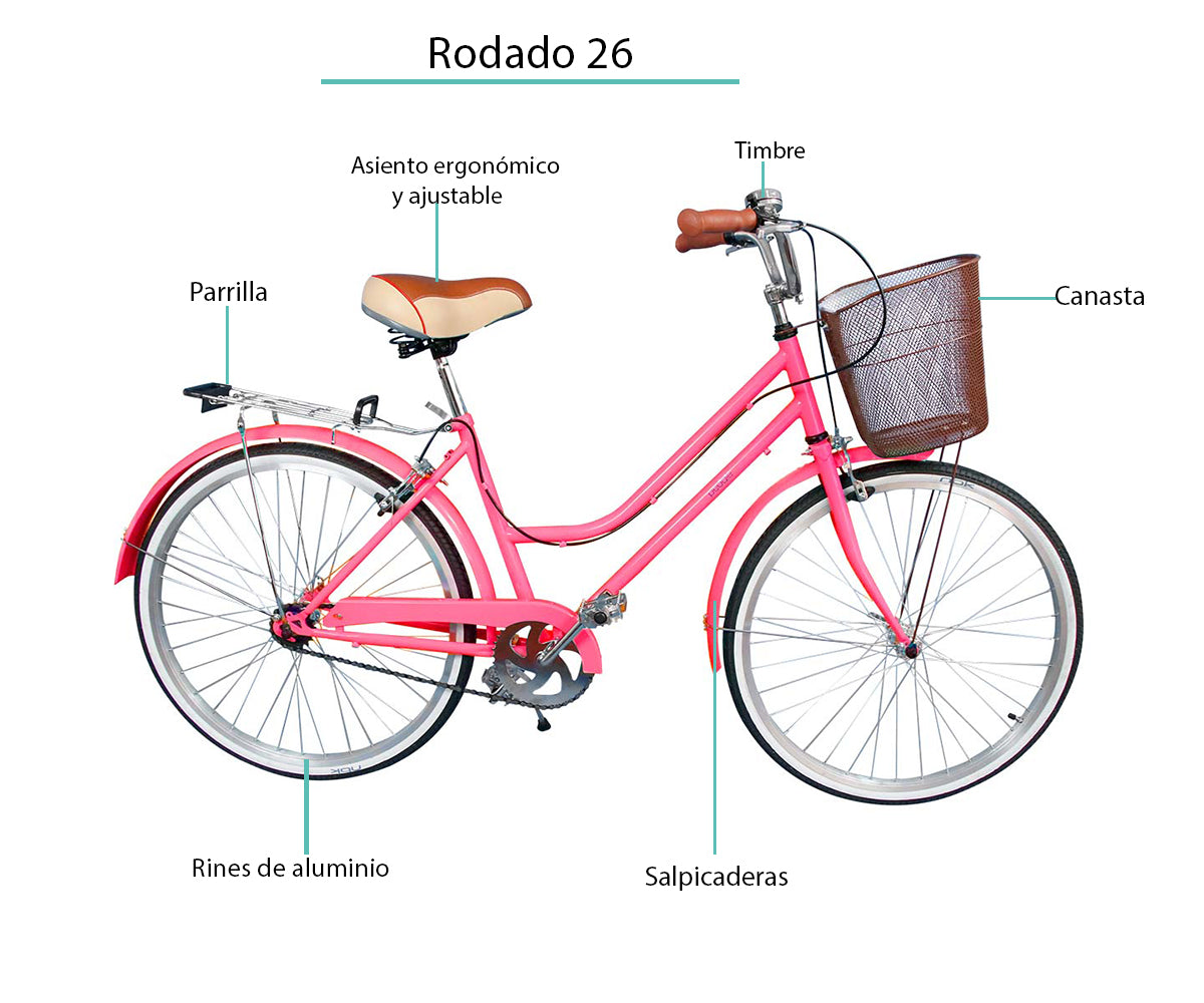 Bicicleta Rodado 26 Modelo Vintage Pedalé con Canasta para Mujer color fucsia